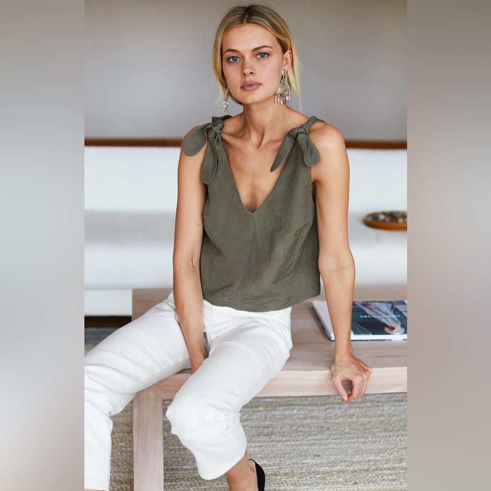 NWT Emerson Fry Mod Top Army Green Linen Rayon Blend Lined Small